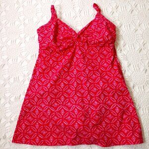 Lands End Swimsuit Dress One Piece Bathing Suit Pink White V Neck Bra 12P Women